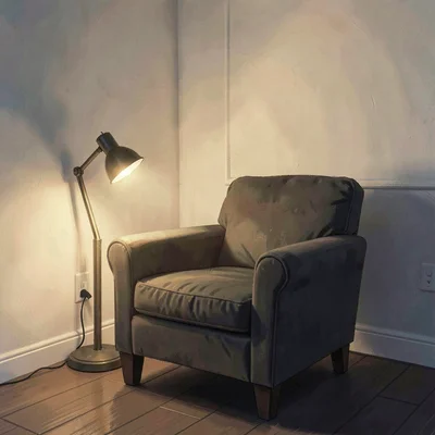 Wide warm-toned scene of an empty armchair angled toward a small reading lamp, c