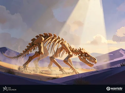 Dragon-skeleton on a desert plain, single noon shaft through sand haze, warm och