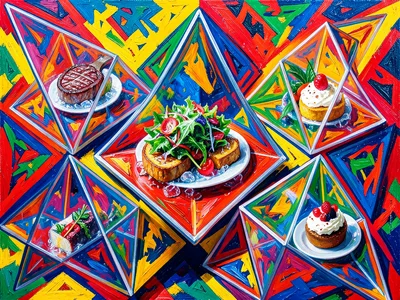 Geometric glass prisms but each prism contains a tiny frozen food scene — a stea