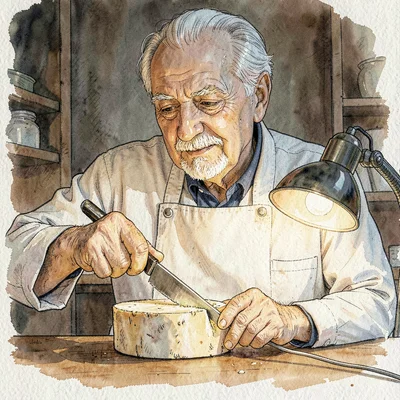 A focused white cheesemonger in his fifties cutting a wedge with a long wire, la