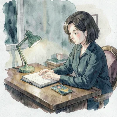 Painterly character vignette of a focus-habit moment — a single figure at a tidy