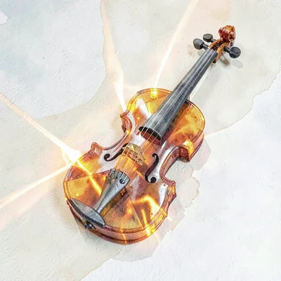 Translucent amber lowpoly violin resting on its faceted back with warm orange ca