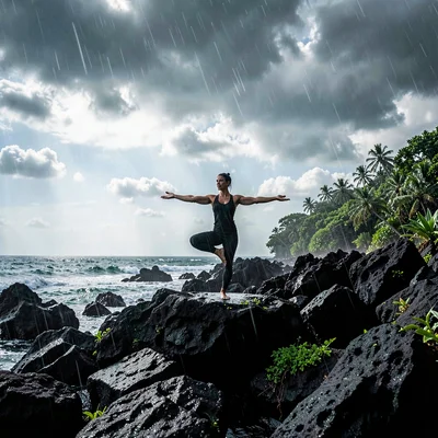 Stark black volcanic surfaces against verdant green, A woman practicing yoga on 