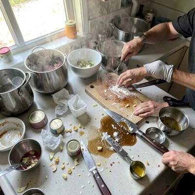 Overhead chaotic countertop mid full-meal cook