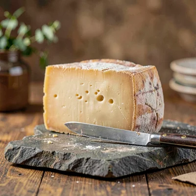 warm still-life of a wedge of aged cheese with a small knife on a stone slab