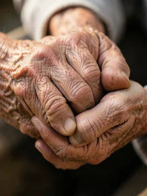 Hands with swollen knuckles gently holding a grandchild's hand, the size differe