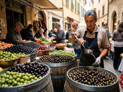 An olive market in Spain, barrels of green, black, and stuffed olives in brine, 