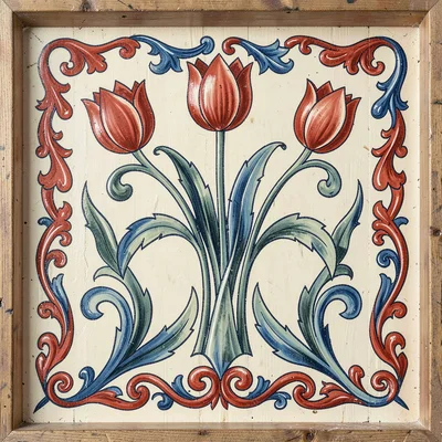Scandinavian rosemaling illustration, stylized tulips with curving stems and lea
