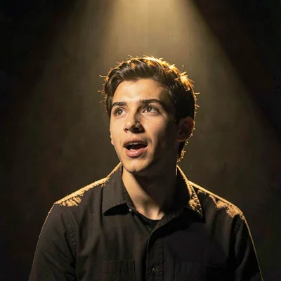 Student actor portrait mid-monologue under a single warm spotlight, painterly ch