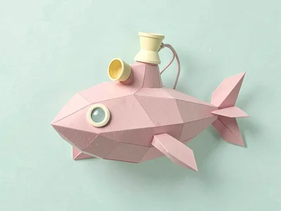 Submerged dusty-pink lowpoly submarine with cream portholes and a butter-yellow 