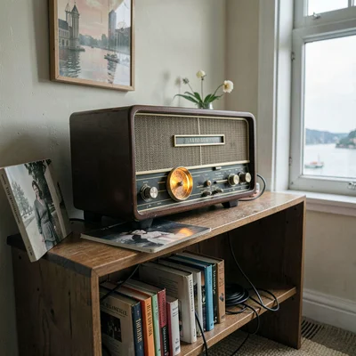 Quietly elegant photograph with Uruguayan sensibility, Old radio on a wooden she