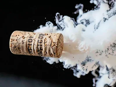 Champagne cork at exact moment of exit, gas cloud expanding