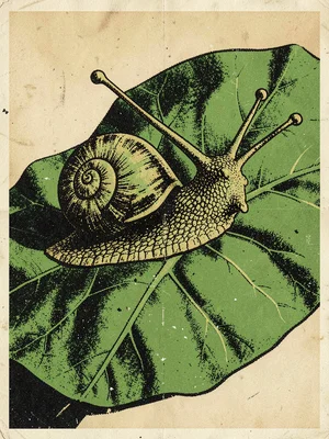 A snail on a large green leaf, antenna extended
