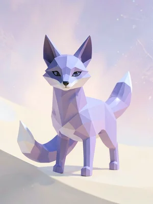 Alert faceted lavender lowpoly fox standing with ears pricked and tail curved lo