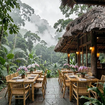 Cloud forest mist layers in Costa Rica, Outdoor eco-lodge dining area with bambo