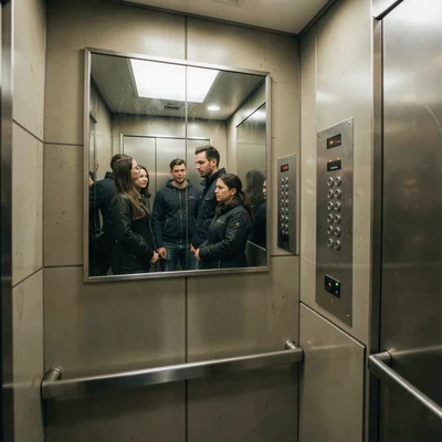 Reflection of multiple people in elevator mirror