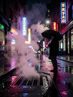 Steam rising from street grate, neon signs reflecting, solitary figure with umbr