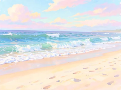 Beach scene where waves are photographs but sand and sky are pastel painting