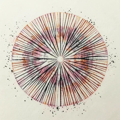 Autumn mushroom spore print mandala arrangement on cream paper, harvest tones