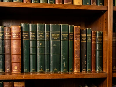 A library shelf detail: matching spines in dark green leather with gold titling,