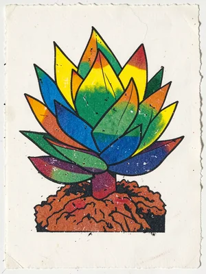 Succulent plant in four-color reduction — form built from progressive color laye