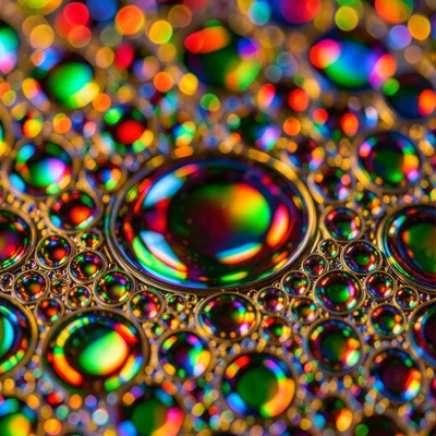 Oil drops on water reflecting Christmas lights, red green gold bokeh cells