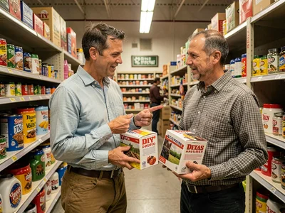 Staff explaining, pointing at two similar products, customer holding both, the e