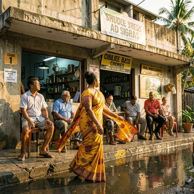 Vivid photograph with Trinidadian cultural fusion aesthetic, Woman in sari walki