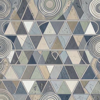 Aboriginal Australian dot painting aesthetic,. A repeating geometric triangle pattern viewed as an abstract aerial map, 