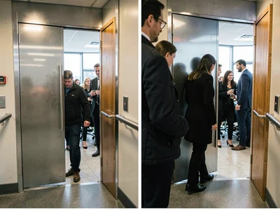 Person sneaking out of work party early, elevator doors closing on the still-par