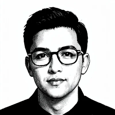 1-bit dithered illustration, person wearing glasses portrait , black and white o