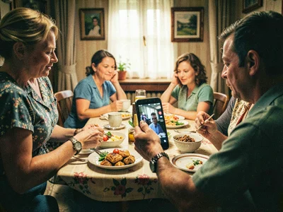 Family dinner from 1950s, someone photographing food with modern phone