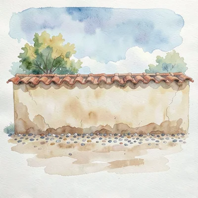 Soft-wash exterior of a low earthen wall topped with tile, gravel rippling at it