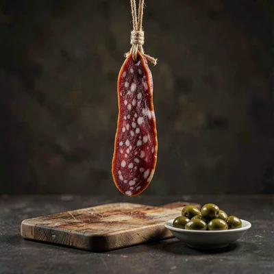 Tall low-key vertical of a hung salami, a board, and a small dish of olives, sin