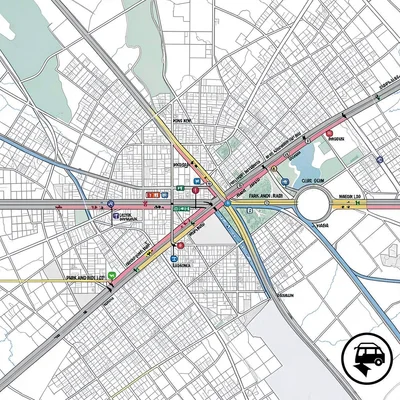 A modern bus-rapid-transit corridor map across a sprawling metropolis with dedic