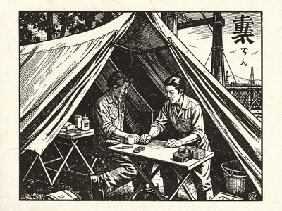 A field hospital tent with a nurse bandaging a worker's arm, medical supplies on