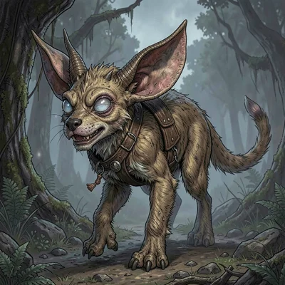 Fantasy creature illustration, a pack hunter with sonic echolocation, oversized 