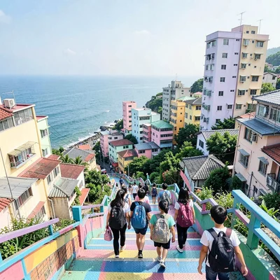 Busan vertical density, hillside village stacking, schoolchildren walking up ste
