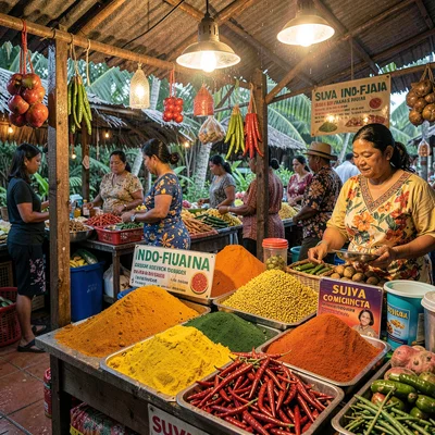 Humid tropical market light in Suva, Fiji, Spice mounds at an Indo-Fijian market