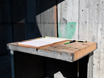 Workbench with half-built project, measuring tape, pencil behind ear concept