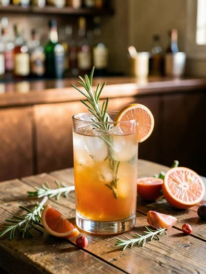 Craft cocktail with a sprig of rosemary and a twist of grapefruit, copper bar co