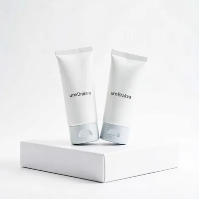 Minimal still of two unbranded tubes at slight offset on a white plinth, gentle 