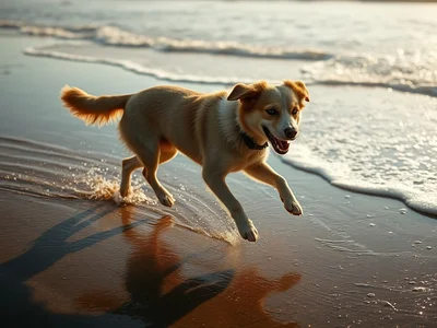 Candid photography style, a joyful dog running along the shoreline on a sunny beach, spray of water from its paws, natur