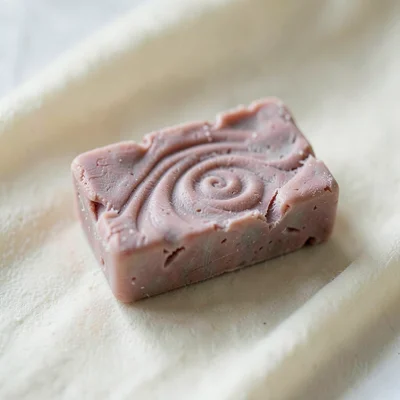 Marbled dusty-rose soap bar with thumb-pressed swirls and fingernail dents along