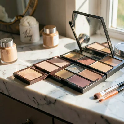 Warm still-life of an open palette of neutral eye shadows on a marble vanity, ra