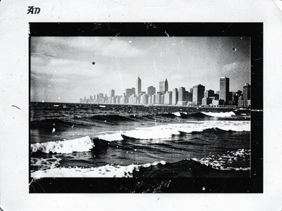 City skyline and ocean waves layered on the copier glass simultaneously, creatin