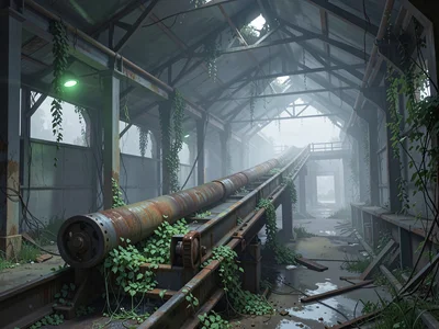 Long conveyor belt running through derelict loading shed with ivy spilling betwe