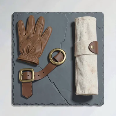 Color-block flatlay of work accessories on flat slate paper, leather gloves, bra
