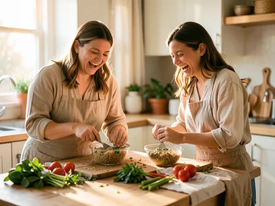 Two friends laughing while assembling grain bowls in a bright airy kitchen, fres