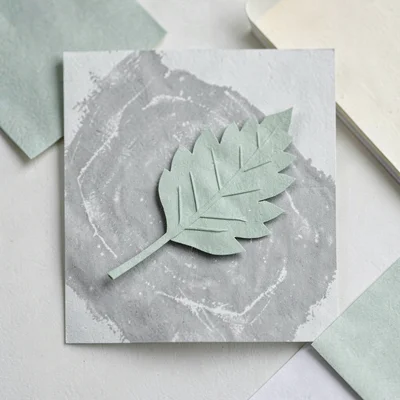 Papercraft composition of a layered paper-cut linden leaf across a chalk page, s